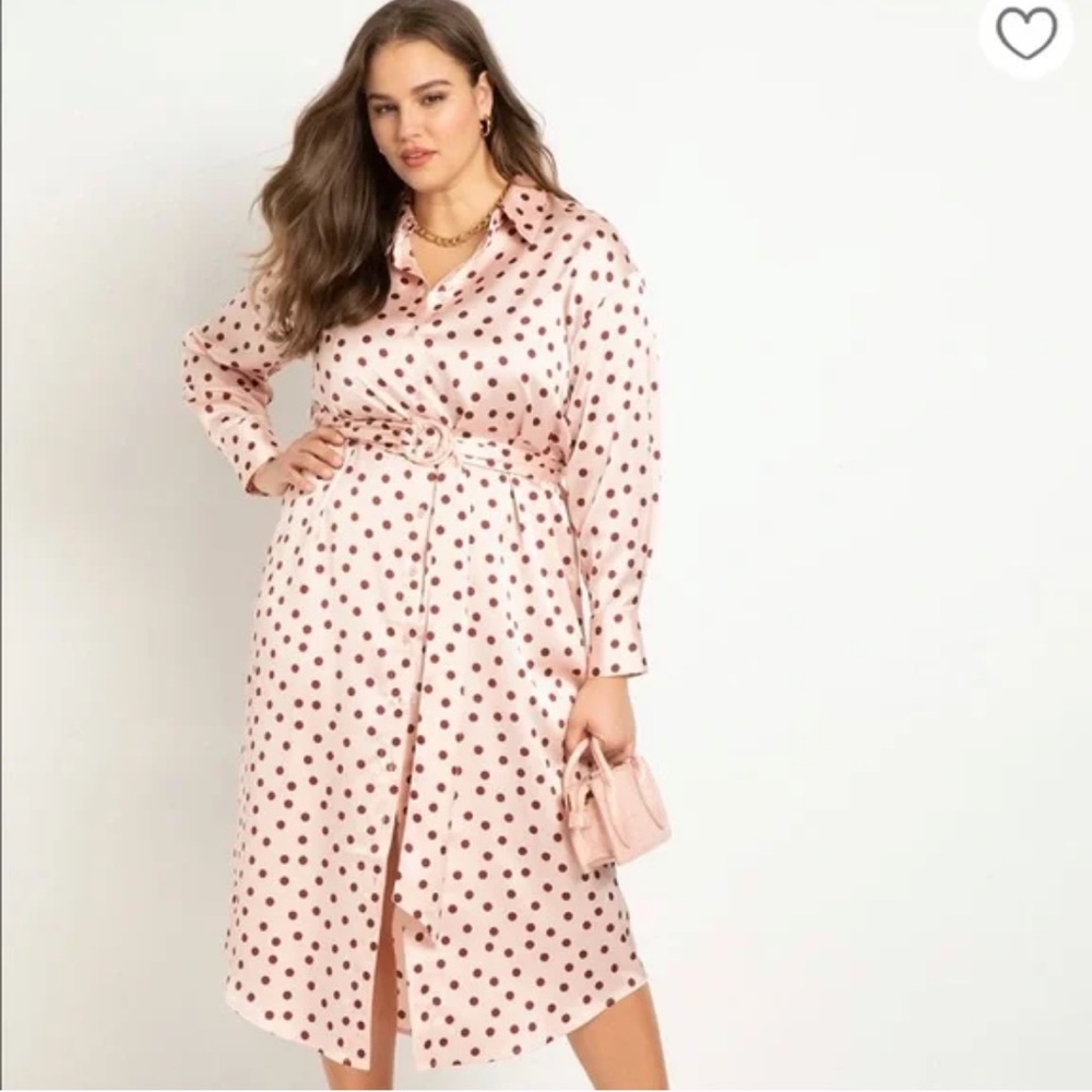 Eloquii Womens Pink Maroon Polka Dot Satin Collared Midi Dress Size 16